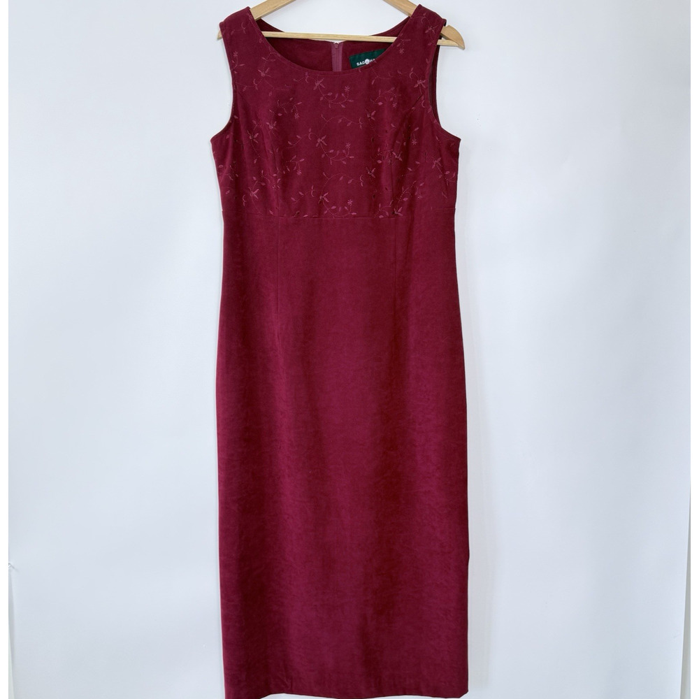 Vtg Sag Harbor Maxi Dress Size 16 Maroon Faux Suede Floral Embroidered Bodice